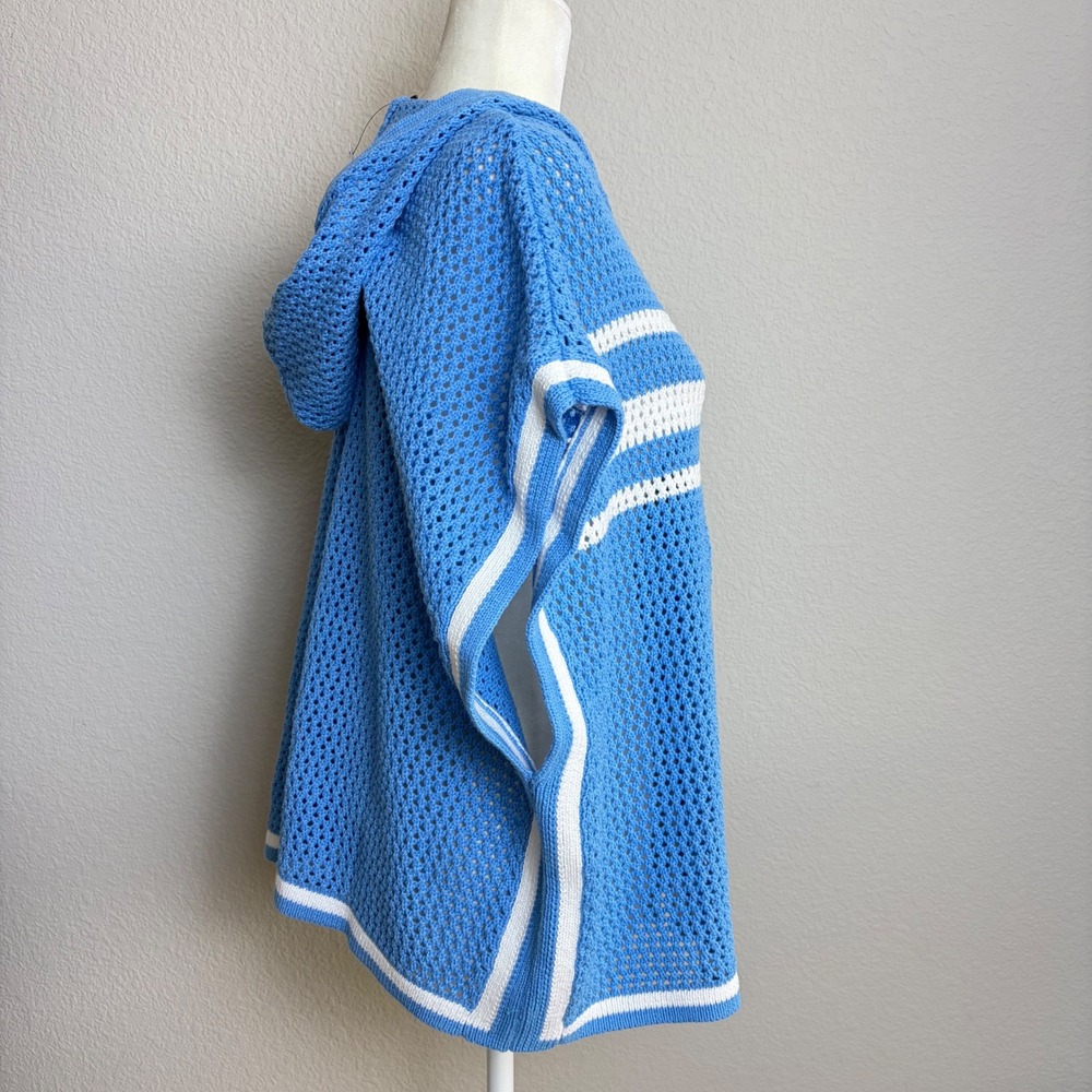 NEW Talbots Womens Blue White Striped Open Knit Hooded Poncho Sweater ML - Picture 5 of 7